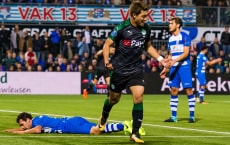 (L-R) Dirk Marcellis of PEC Zwolle, Ritsu Doan of FC Groningen during the Dutch Eredivisie match between PEC Zwolle and FC Groningen at the MAC3Park stadium on September 30, 2017 in Zwolle, The Netherlands(Photo by VI Images via Getty Images)