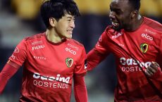 OOSTENDE, BELGIUM - JANUARY 21 : Sakamoto Tatsuhiro  midfielder of KV Oostende celebrates with Ambrose Thierry Winston forward of KV Oostende pictured during the Jupiler Pro League match between KV Oostende and Royal Antwerp FC at the DIAZ Arena on January 21, 2022 in Oostende, Belgium, 21/01/2022 ( Photo by Nico Vereecken / Photo News