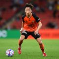 BRISBANE, AUSTRALIA - OCTOBER 14: Riku Danzaki of the Roar in action during the round two A-League Men's match between Brisbane Roar and Melbourne City at Suncorp Stadium, on October 14, 2022, in Brisbane, Australia. (Photo by Albert Perez/Getty Images)