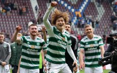 Soccer Football - Scottish Premiership - Heart of Midlothian v Celtic - Tynecastle Park, Edinburgh, Scotland, Britain - May 7, 2023 Celtic's Kyogo Furuhashi celebrates with teammates after winning the Scottish Premiership REUTERS/Russell Cheyne