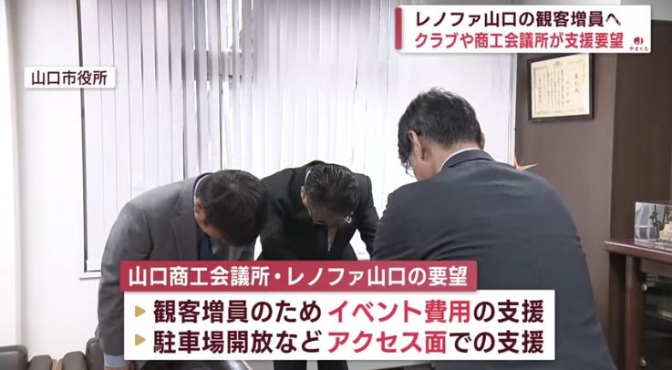 レノファ山口と山口商工会議所が山口市にホームゲーム観客増のための支援要望　専用スタジアム建設の検討も